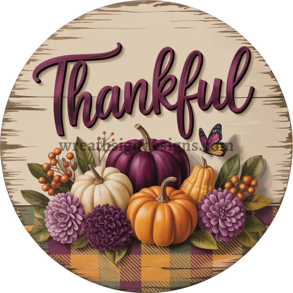 Thankful Plum and Orange pumpkins -Metal Fall Wreath Sign MS-1447