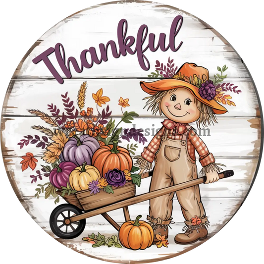 Thankful Scarecrow Plum and Orange pumpkins -Metal Fall Wreath Sign MS-1446