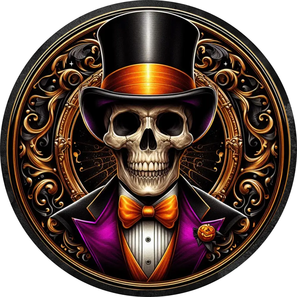 Top Hat Skeleton Orange And Fushia Halloween Wreath Sign Metal 10’’