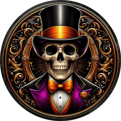 Top Hat Skeleton Orange And Fushia Halloween Wreath Sign Metal 6’’