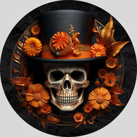 Tophat Skull With Orange Flowers Halloween Wreath Sign Metal 8