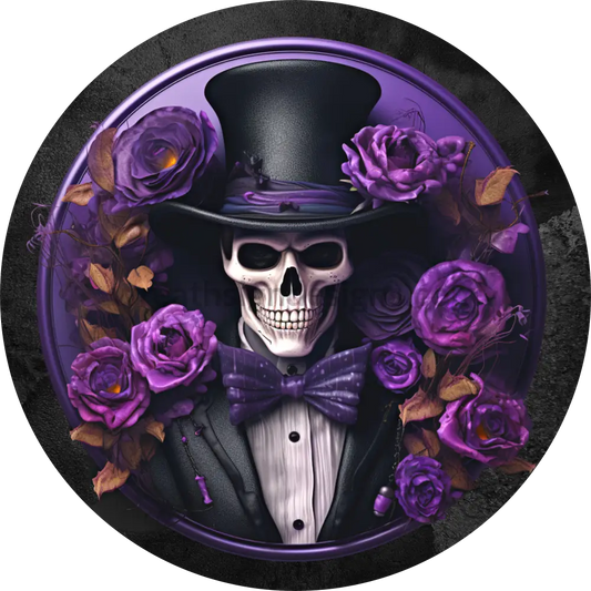 Tophat Skull With Purple Flowers Halloween Wreath Sign Metal 8