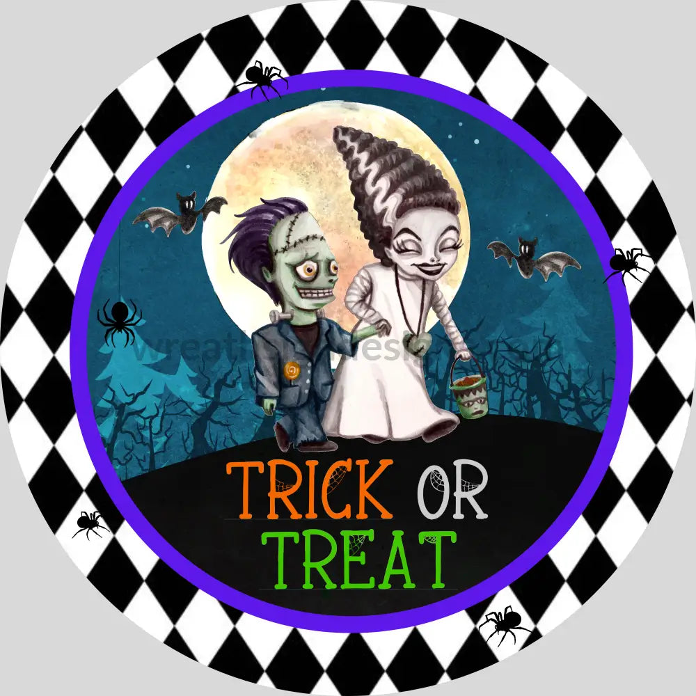 Trick Or Treat Frankie And Bride Halloween Metal Wreath Sign Round 8