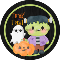 Trick Or Treat Frankie Ghost And Jack O Lantern Round Metal Halloween Wreath Sign 8