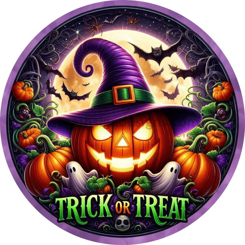 Trick Or Treat Witch Jack O Lantern Round Metal Halloween Wreath Sign 10’