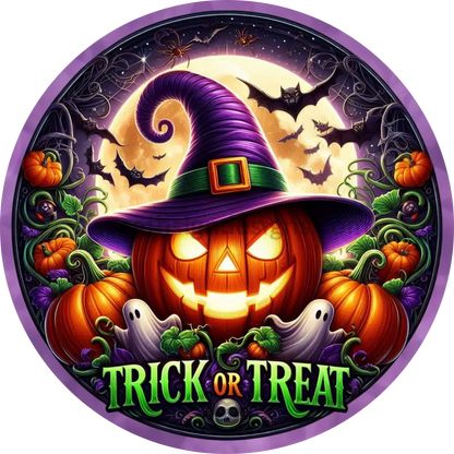 Trick Or Treat Witch Jack O Lantern Round Metal Halloween Wreath Sign 10’