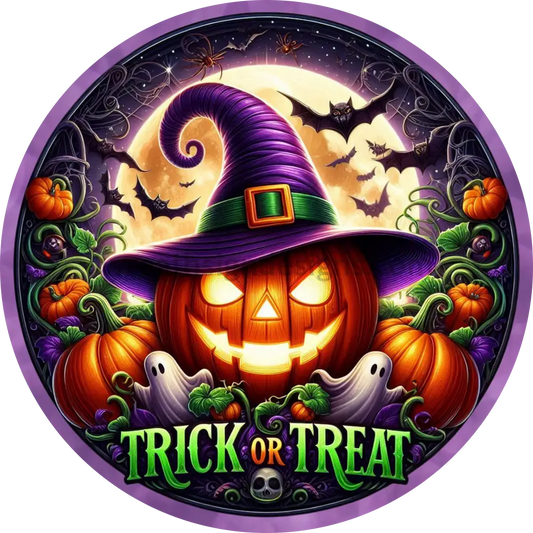 Trick Or Treat Witch Jack O Lantern Round Metal Halloween Wreath Sign