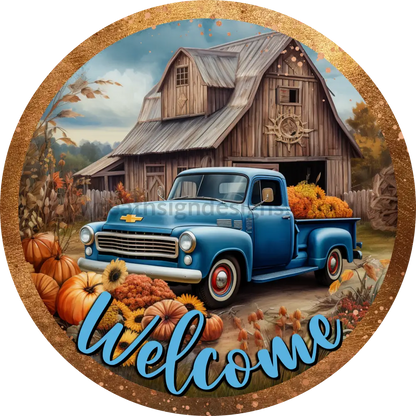 Vintage Blue Pumpkin Truck Metal Wreath Sign 8