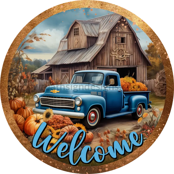 Vintage Blue Pumpkin Truck Metal Wreath Sign 8
