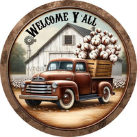 Vintage Cotton Truck- Round Metal Wreath Sign 8’