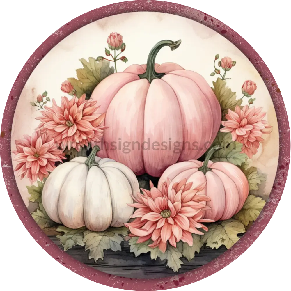 Vintage Pink Pumpkins Round Metal Wreath Sign 11.75