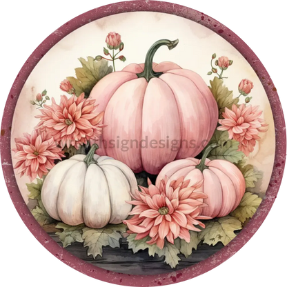 Vintage Pink Pumpkins Round Metal Wreath Sign 11.75