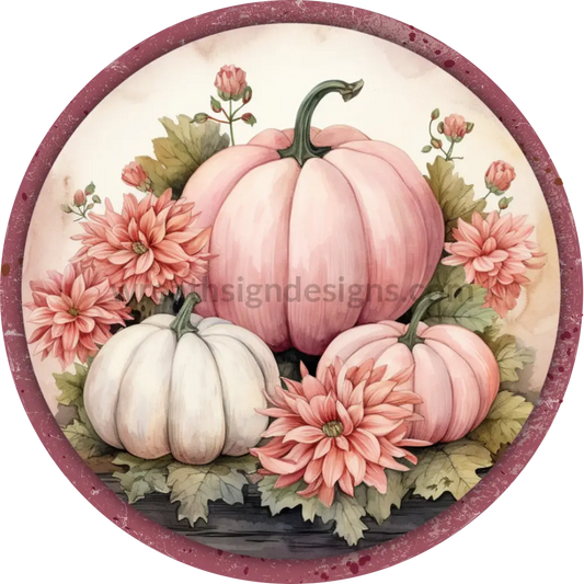 Vintage Pink Pumpkins Round Metal Wreath Sign