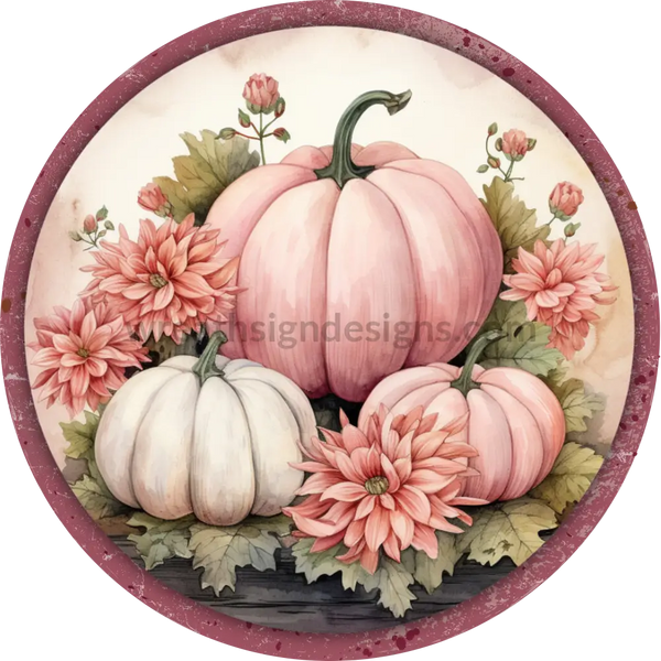 Vintage Pink Pumpkins Round Metal Wreath Sign