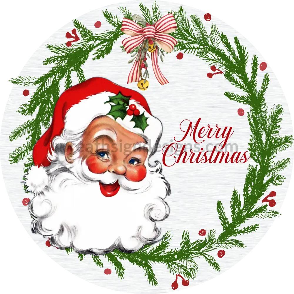 Vintage Santa Merry Christmas Green Wreath Round Metal Wreath Sign 8 Decor