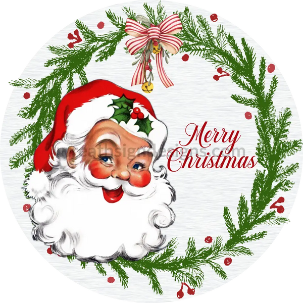 Vintage Santa Merry Christmas Green Wreath Round Metal Wreath Sign 8 Decor