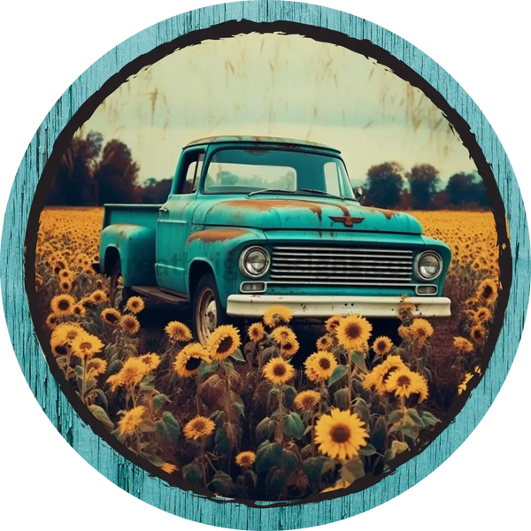 Vintage Teal Truck And Sunflowers Wreath Sign 6