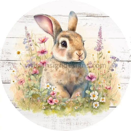 Watercolor Bunny In Wildflowers- Metal Wreath Sign 8