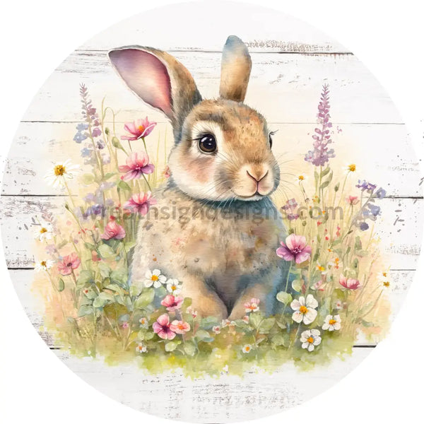 Watercolor Bunny In Wildflowers- Metal Wreath Sign 8