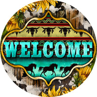 Welcome Aztec South Western Sunflowers And Horses Metal Wreath Sign 8 Circle