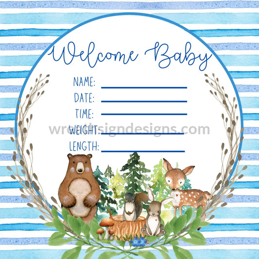 Welcome Baby Forest Animals Blue Metal Birth Announcement Wreath Sign 8