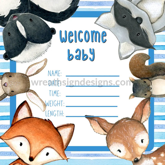 Welcome Baby Peeking Forest Animals Blue Metal Birth Announcement Wreath Sign 8