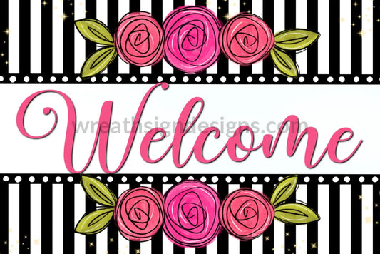 Welcome Black And White Florals Metal Wreath Sign