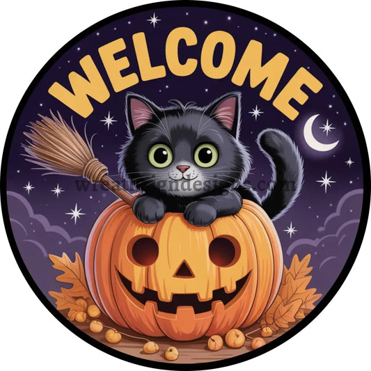 Welcome black cat and jack o lantern halloween Wreath Sign MS-1300 6’’