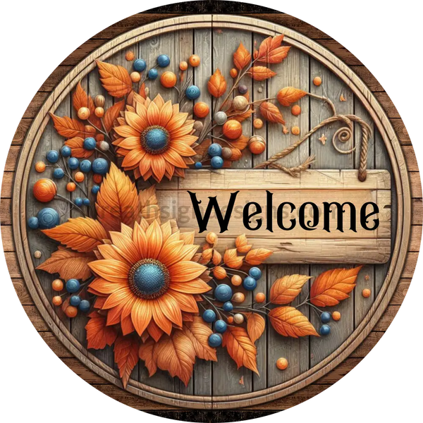 Welcome Blue And Orange Fall Flowers Berries-Fall Wreath Sign