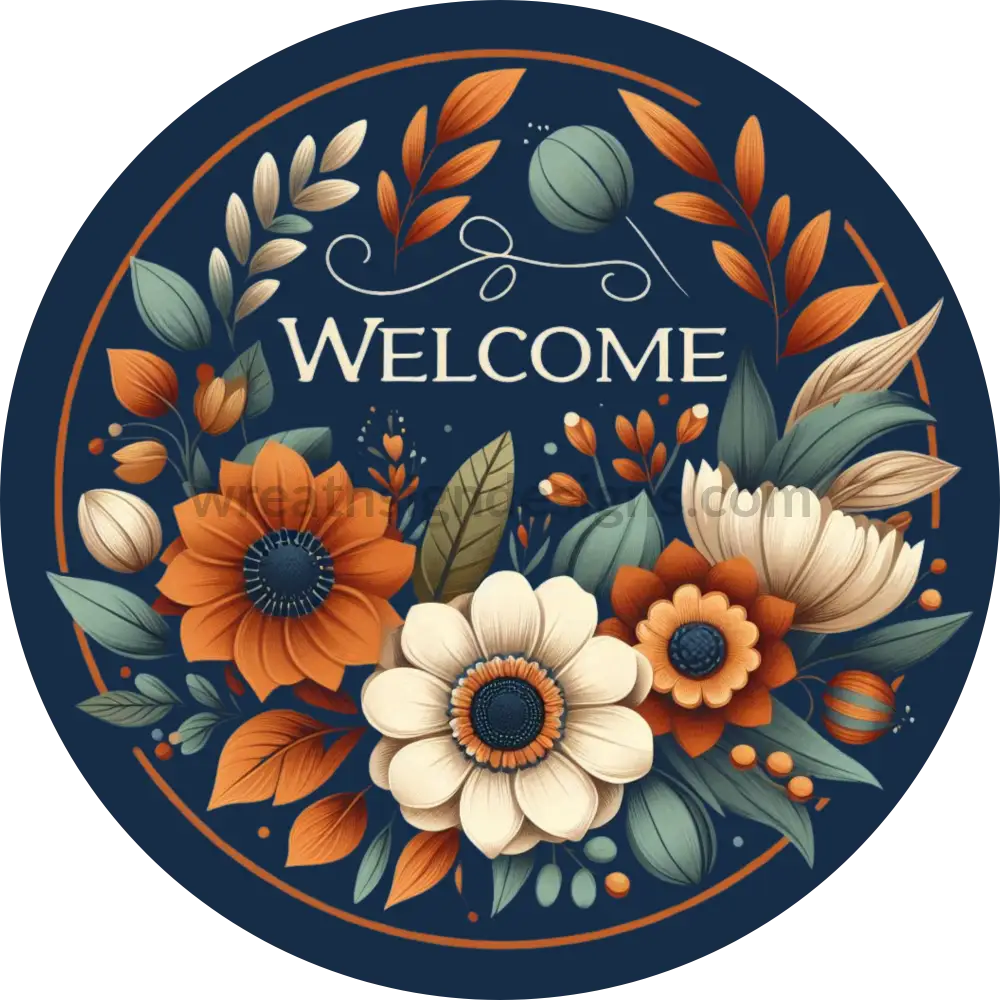 Welcome Blue Orange Sage Fall Flowers And Berries-Fall Wreath Sign 10’