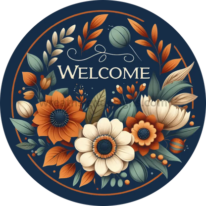 Welcome Blue Orange Sage Fall Flowers And Berries-Fall Wreath Sign 8’