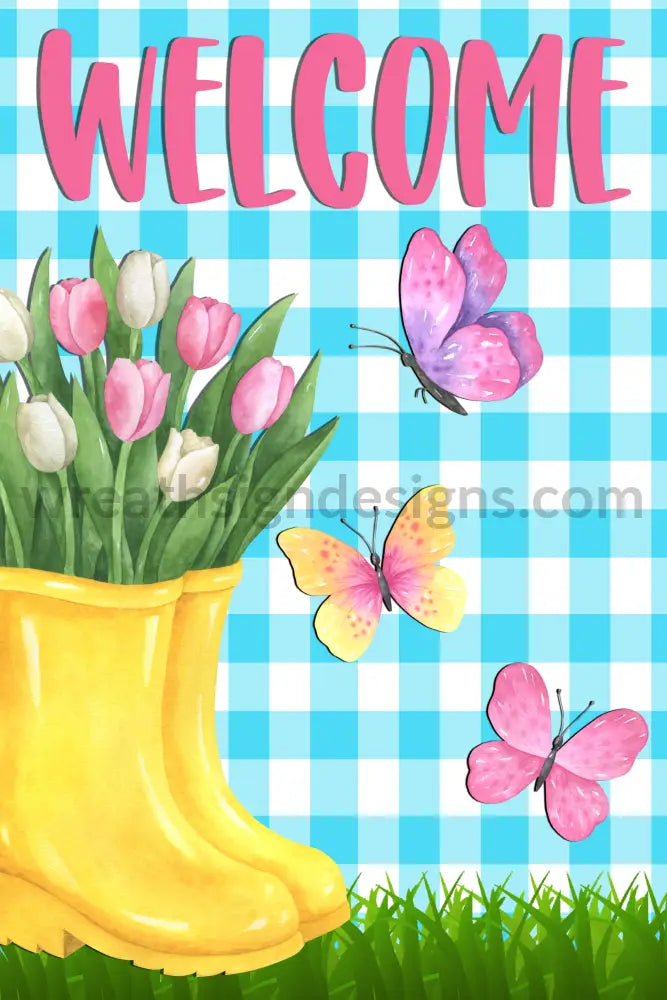 Welcome Blue Plaid Spring Tulips And Rainboots 8X12 Metal Sign 12X6 Metal Sign