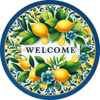 Welcome Blue Tile Lemon Metal Wreath Sign 8