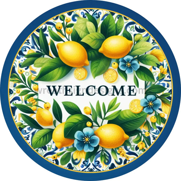 Welcome Blue Tile Lemon Metal Wreath Sign 8
