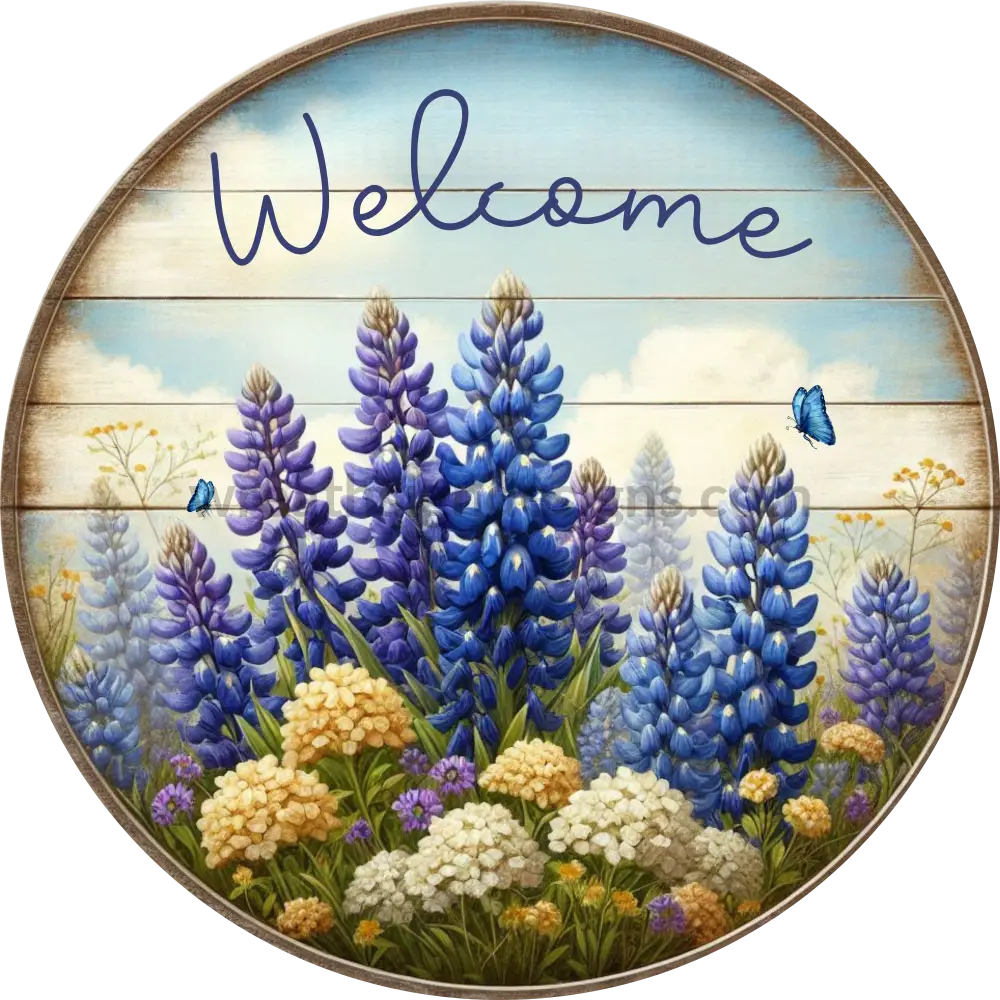 Welcome Bluebonnets And Butterflies Round Wreath Sign 6’