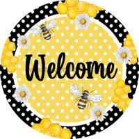 Welcome Bumblebees And Daisies With Black Swiss Dot Metal Sign 8 Circle