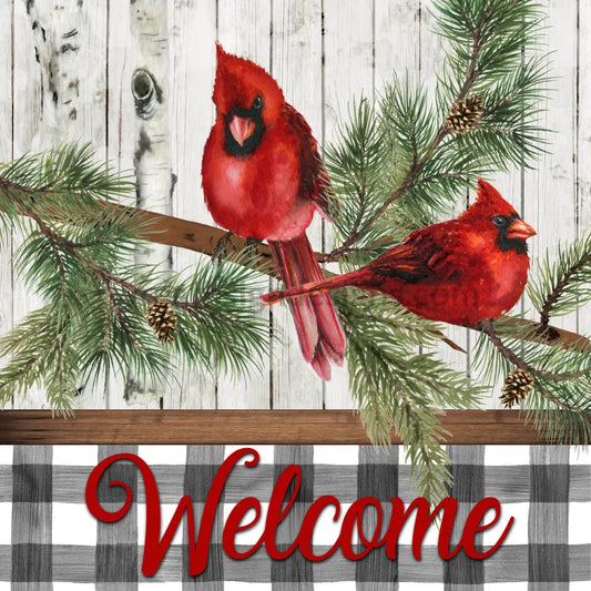 Welcome Cardinal And Buffalo Plaid- Evergreen Metal Sign 8