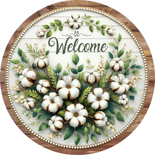 Welcome Cotton- Round Metal Wreath Sign