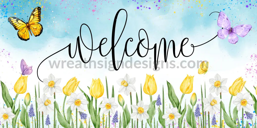 Welcome Daffodil And Butterflies Spring Wreath Sign 12X6 Metal Sign