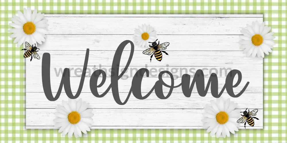 Welcome Daisies And Bees-Green Gingham Metal Wreath Sign