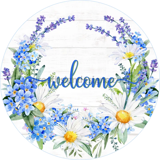 Welcome Daisies And Forget Me Nots-Floral Metal Wreath Sign 8