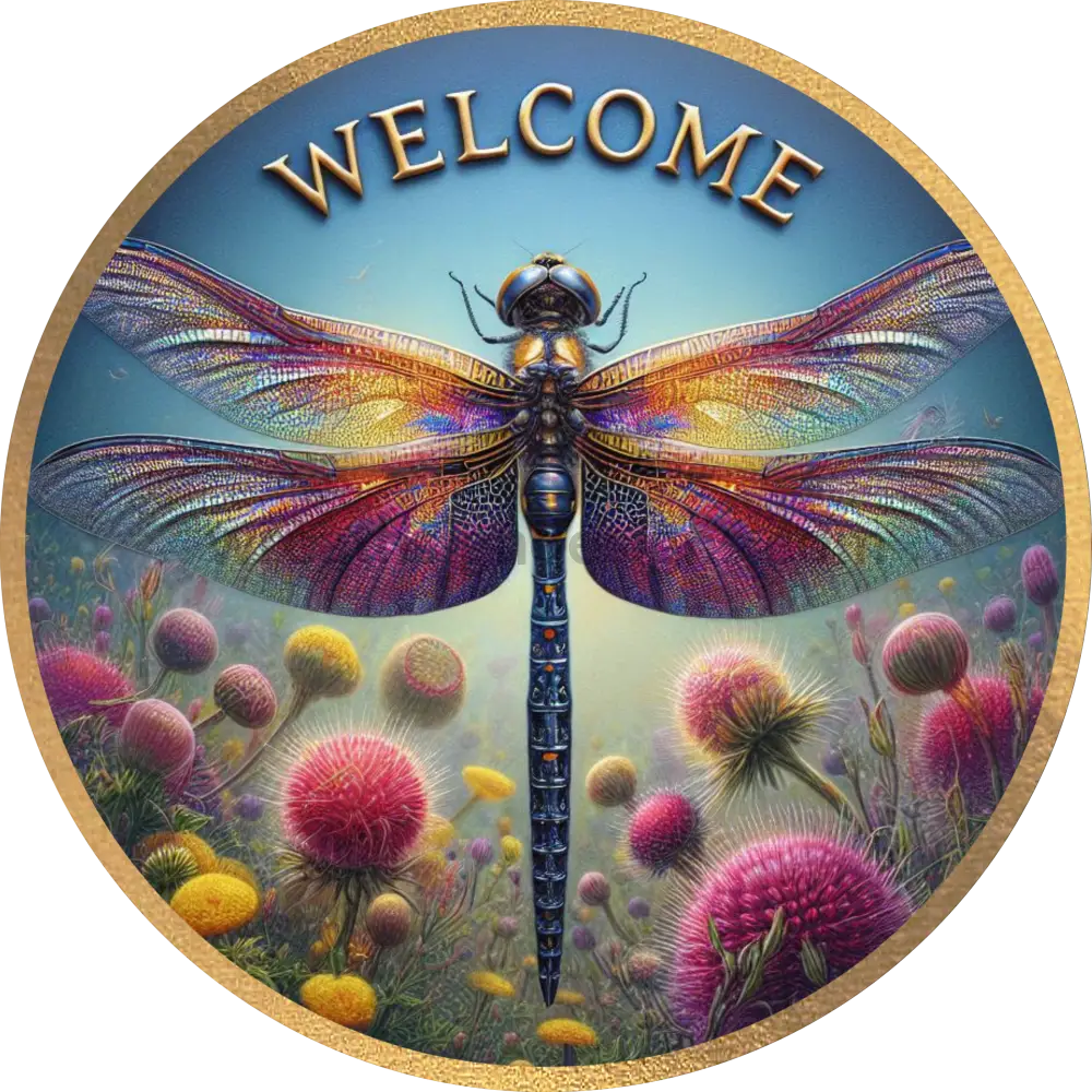 Welcome Dragonfly Wreath Metal Sign 8’