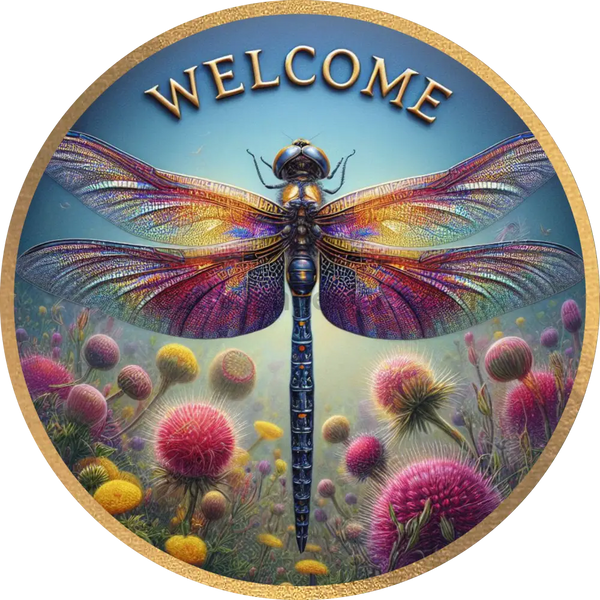 Welcome Dragonfly Wreath Metal Sign 8’
