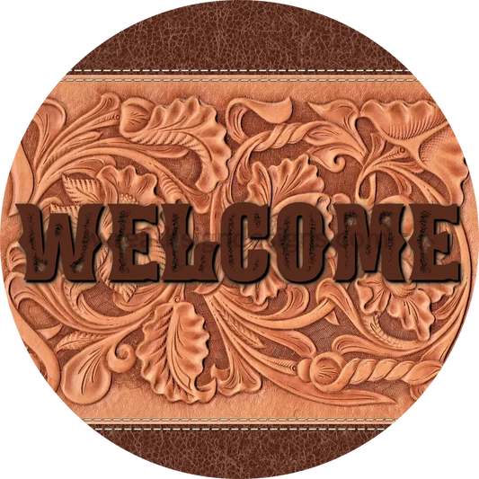 Welcome Faux Leather Round Metal Wreath Sign 8’