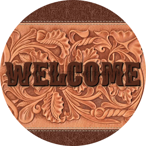 Welcome Faux Leather Round Metal Wreath Sign 8’