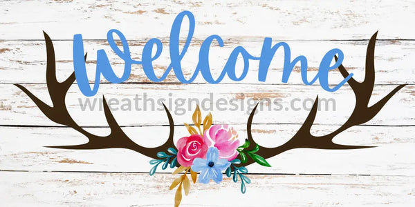 Welcome Floral Deer Antler On White 12X6 Metal Wreath Sign