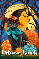 Welcome Friends Black Cat- Halloween 12X8 Metal Sign