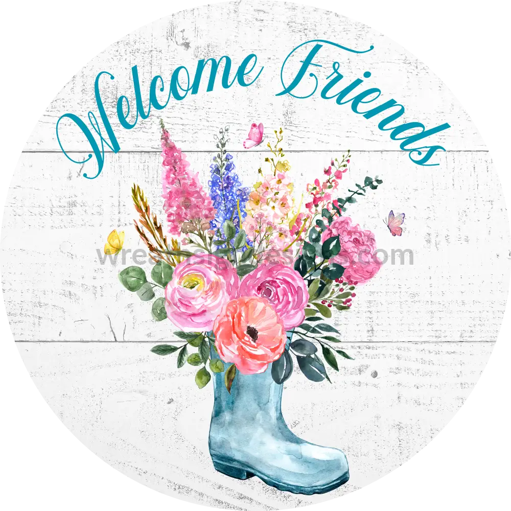 Welcome Friends Blue Floral Rainboot- Metal Wreath Sign 6