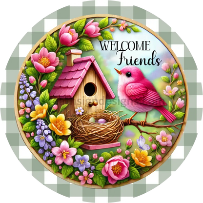 Welcome Friends Pink Bird And Spring Flower Green Round Metal Wreath Sign 11.75’’