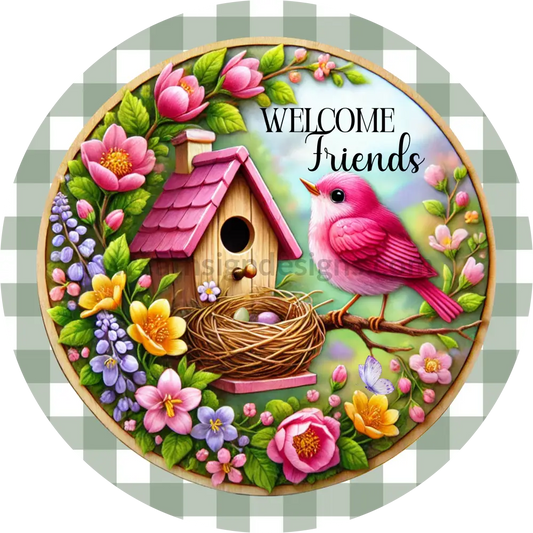 Welcome Friends Pink Bird And Spring Flower Green Round Metal Wreath Sign